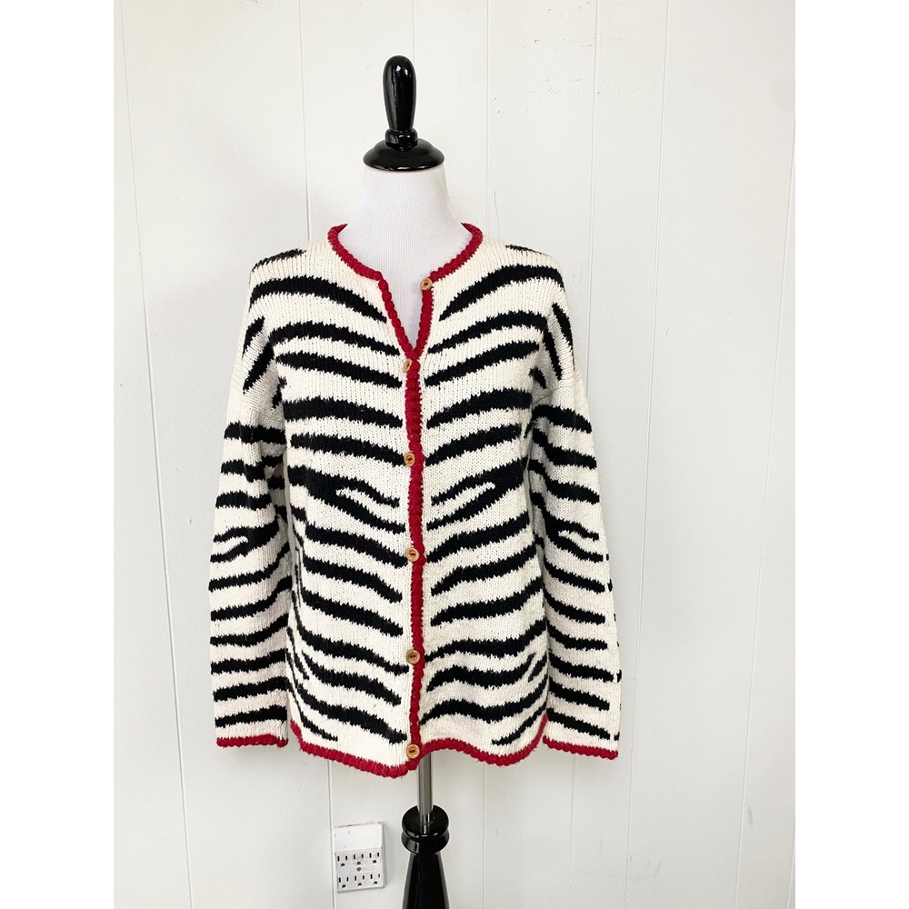 Planet‎ Earth Imports Sz M? Zebra Stripe Cotton Knit Cardigan Red Crochet Trim